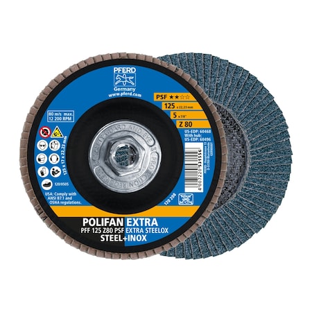 Pferd 5" x 5/8-11 Thd. POLIFAN Flap Disc - Z PSF EXTRA STEELOX, Zirconia, 80 Grit, Flat 60496